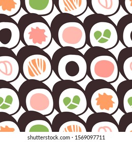 Hand drawn seamless pattern with sea food. Creative ink art work Asian dinner. Actual drawing sushi roll. Vector illustration