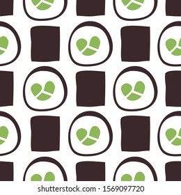 Hand drawn seamless pattern with sea food. Creative ink art work Asian dinner. Actual drawing sushi roll. Vector illustration