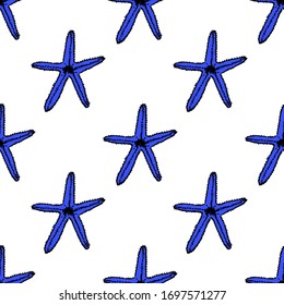 Hand drawn seamless pattern sea star isolated on white background. Vector pattern