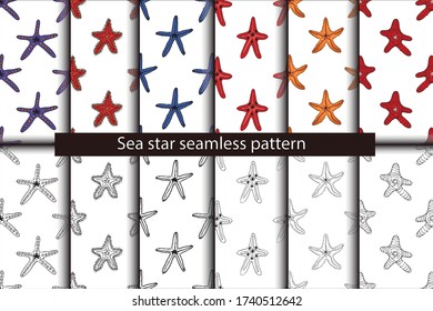 Hand drawn seamless pattern sea star isolated on white background. Vector pattern