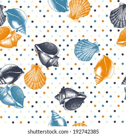 Hand drawn seamless pattern with sea shell isolated on white. Vintage background with engraving elements. Vector illustration.