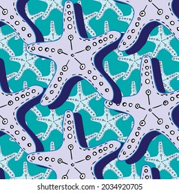 Hand drawn seamless pattern with sea shells, starfish isolated on blue backgound. Trend colorful ornament. Vector illustration.