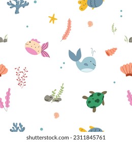 Hand drawn seamless pattern with sea animals and sea life elements. Vector illustration on white background