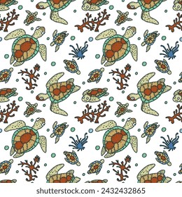 Hand drawn seamless pattern with sea turtles. Tropical underwater life background. Vector illustration.