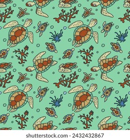 Patrón sin costuras dibujado a mano con tortugas marinas. Fondo tropical de la vida submarina. Ilustración vectorial.