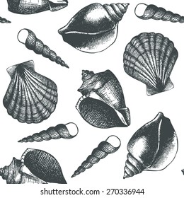 Hand drawn seamless pattern with sea shell isolated on white. Vintage background with engraving sea elements. Vector illustration.