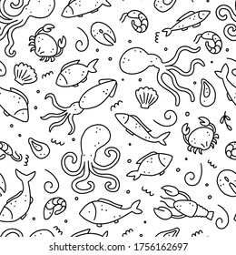 Hand drawn seamless pattern of seafood elements, fish, lobster, oyster, octopus, shrimp. Doodle sketch style. Sea food element drawn by dogital pen. Vector illustration for icon, menu, recipe design.