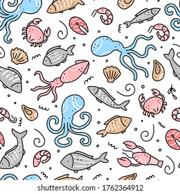 Hand drawn seamless pattern of seafood elements, fish, lobster, oyster, octopus, shrimp. Doodle sketch style. Sea food element drawn by dogital pen. Vector illustration for icon, menu, recipe design.