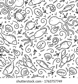 Patrón sin fisuras de mariscos, peces, langosta, ostra, pulpo, camarón. Estilo de dibujo de Doodle. Alimentos marinos dibujados por pluma dogital. Ilustración vectorial para icono, menú, diseño de recetas.