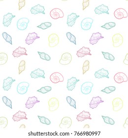 Hand drawn seamless pattern of seashells.  Template for background textile design, cover, branding. Marine vector illustration.