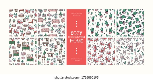 Dibujo a mano Conjunto de patrones Seamless. Interior, mobiliario, flores en maceta, estantes de flores, marcos para fotos, almohadas. Ilustración vectorial en el estilo de color del doodle. Antecedentes para carteles, textiles, papel pintado.