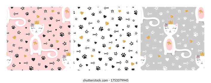 Hand drawn seamless pattern set collection of cute cartoon character cat with a crown, flower, paws, stars, hearts, fish. Illustration for greeting card, invitation, wallpaper, wrapping paper, fabric