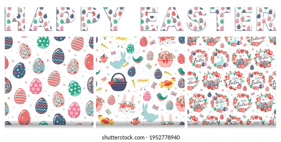 Hand drawn seamless pattern set of cute Easter eggs, chicken, rabbit, bunny, chick in eggshell, flowers, butterfly, baskets, carrots, birds, leaves. Happy Easter spring floral sketch illustration