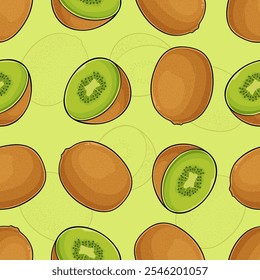 Hand drawn seamless pattern of set of fully and half cut brown gooseberry kiwis , rich of vitamins