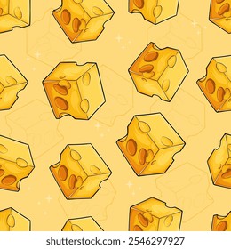 Hand drawn seamless pattern of set of tasty fresh yellow holed eyes Swiss cheese squared portions