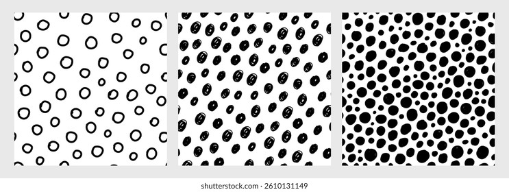 Hand drawn seamless pattern set. Black and white circles and polka dots. Playful and minimalist design, perfect for baby textiles, nursery decor, wallpapers, wrapping paper, and creative projects