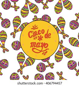 Hand drawn seamless pattern with set of mexican maracas. Colored doodle sketch with Vector stock illustration. Mexican holiday 5th of may.