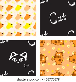 Hand drawn seamless pattern set with cat and mouse