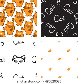 Hand drawn seamless pattern set with cat and mouse