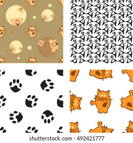 Hand drawn seamless pattern set with cat and mouse