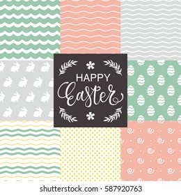 Hand drawn seamless pattern set for Easter. Scrapbook elements doodle style.
Happy Easter lettering. Vector illustration. 