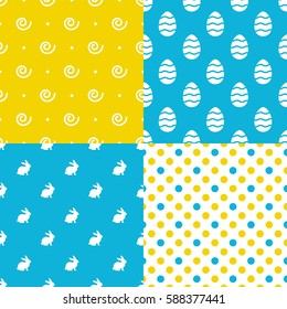 Hand drawn seamless pattern set for Easter. Scrapbook elements doodle style. 
Easter rabbit pattern, ornate eggs. Vector illustration. 