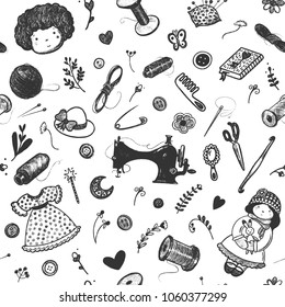 Hand drawn seamless pattern sewing accessories for hand made dolls making set.