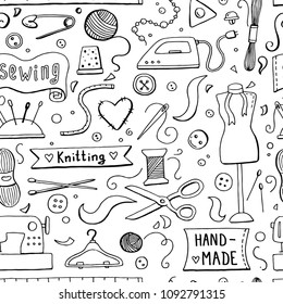 Hand drawn seamless pattern with sewing tools and accessories: threads, scissors, needles, metering, button. Vector illustration for tailoring, atelier, fashion design. Doodle sketch style.