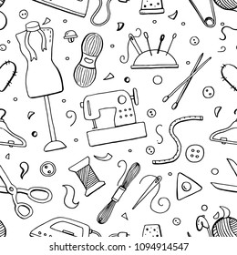 Hand drawn seamless pattern with sewing tools and accessories: threads, scissors, needles, metering, button. Vector illustration for tailoring, atelier, fashion design. Doodle sketch style.