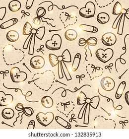 hand drawn seamless pattern with sewing elements on old cardboard