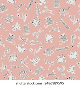 Hand drawn seamless pattern with sewing and needlework tools and accessories. Vector handcraft doodle background. Hobby backdrop illustration