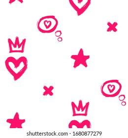 Handgezeichnetes nahtloses Muster mit Zeichen und Symbolen: Wolken mit Herzen, Kronen, Kreuzen, Sternen. Abstrakte farbige Grunge-Symbole Vektorillustration Tapete.	 Weißer Hintergrund.