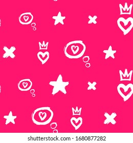Hand drawn seamless pattern with signs and symbols: clouds with hearts, crowns, crosses, stars. Abstract ink grunge style symbols vector wallpaper.	Pink background.