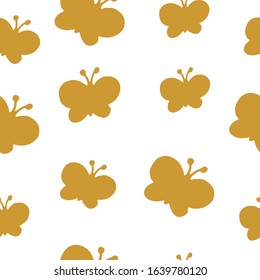Hand drawn seamless pattern of silhouette of butterfly in gold color. Vector illustration for print design.