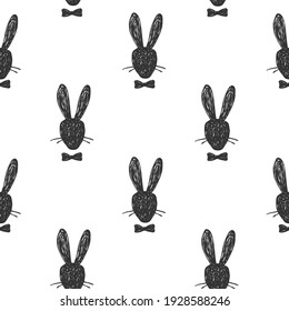 Hand drawn seamless pattern with silhouette portrait of Rabbit gentleman head with a bow tie. Easter concept, vector illustration on white background.