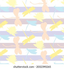Hand drawn seamless pattern with silhouette dragonflies and lotus isolated on stripes background. Cute pastel colors. Great for fabric, textile.