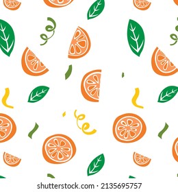 Hand drawn seamless pattern with silhouette orange slises, leaves and confetti for fabric and wrapping paper