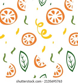 Handgezeichnetes nahtloses Muster mit orangefarbenen Silhouetten, Blättern und Konfetti für Gewebe und Wickelpapier