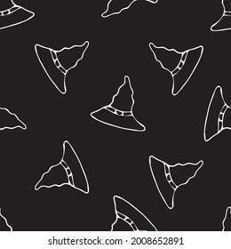 Hand drawn seamless pattern with silhouettes of Halloween hats on black  background. Doodle style. Suitable for wrapping paper, textiles, notebook and  covers, clithes, bags  and wallpaper.