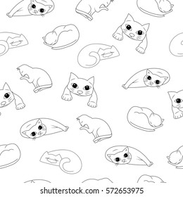 Hand Drawn Seamless pattern with silhouettes of cute cats on white background