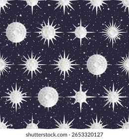 Desenhado à mão padrão sem costura de prata Sol, estrela. Símbolo boêmio mágico explodindo raios solares. Talismã celestial místico, estilo antigo, boho. Ilustração vetorial para papel de parede, papel de embrulho, tecido