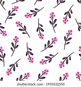 Hand drawn seamless pattern of simple floral elements. Doodle sketch style. Branch element drawn by digital pen. Illustration for wallpaper, background, textile design.