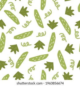 Hand drawn seamless pattern of simple green cucumber. Doodle sketch style. Cucumber pattern for food shop, vegetable wallpaper, background, textile design.