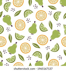 Hand drawn seamless pattern of simple pear, orange, lime. Doodle sketch style. Fruit pattern for food shop, wallpaper, background, textile design