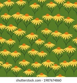 Hand drawn seamless pattern with simple style yellow random flowers shapes. Green background. Designed for fabric design, textile print, wrapping, cover. Vector illustration.