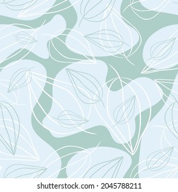 Hand drawn seamless pattern. Simple pastel pattern with leaves. Art line leafs. Vector