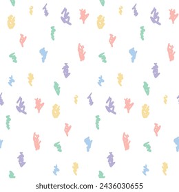 Hand drawn seamless pattern with simple doodle icons and elements. Colored childish print with freehand illustrations. Wallpaper for banner design.