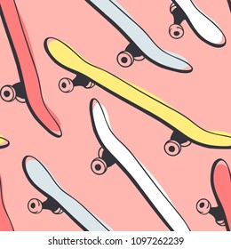 Hand drawn seamless pattern with skateboard. Artistic doddle background. Vector creative ink art work. Fashion illustration skate
