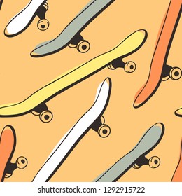 Hand drawn seamless pattern with skateboard. Artistic doddle background. Vector creative ink art work. Fashion illustration skate