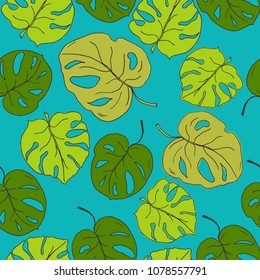 Hand drawn seamless pattern with sketch of leaves. Tropical plant. Monstera leaves. Vector stock illustration. 
